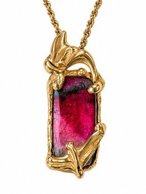 Watermelon Tourmaline Pendant Necklace, Pink & Green Gemstone, 14K Gold Plated